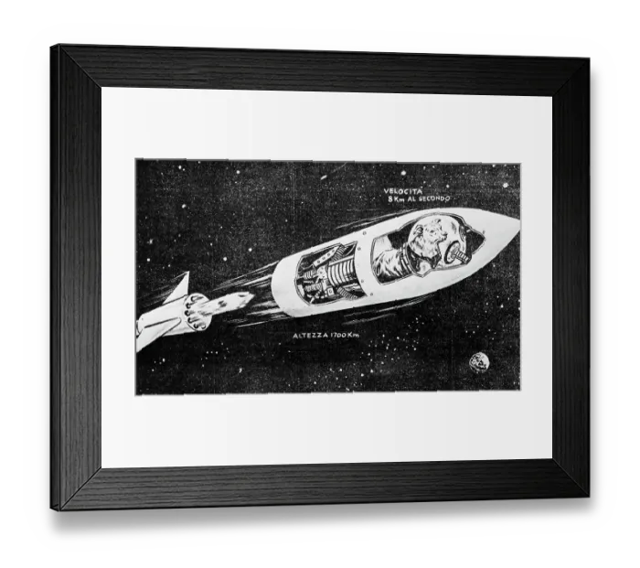 Framed Print : Artist's Sketch of First Space Traveling Dog Framed Print : Artist's Sketch of First Space Traveling Dog
