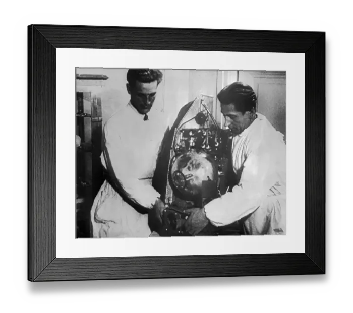 Framed Print : Scientist Working with Sputnik Compartment Framed Print : Scientist Working with Sputnik Compartment