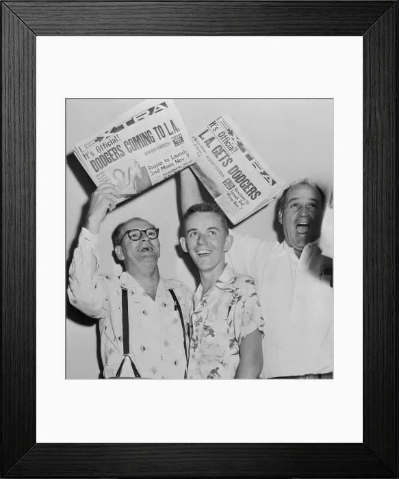 Framed Print : Three Fans Holding Newspapers with Dodgers Headline Framed Print : Three Fans Holding Newspapers with Dodgers Headline