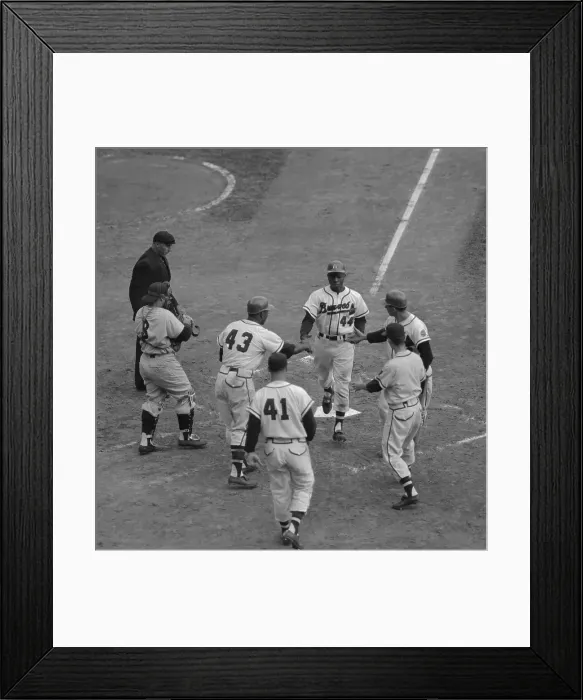 Framed Print : Hank Aaron Greeted After Hitting Three Run Homer Framed Print : Hank Aaron Greeted After Hitting Three Run Homer