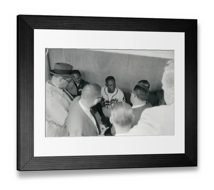 Framed Print : Reporters Talking to Hank Aaron in Dugout Framed Print : Reporters Talking to Hank Aaron in Dugout