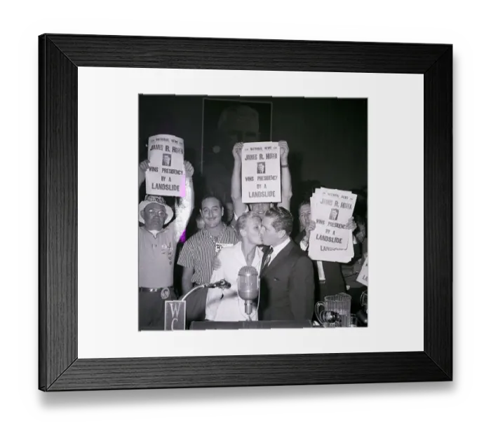 Framed Print : James Hoffa Kisses Wife Beneath Poster