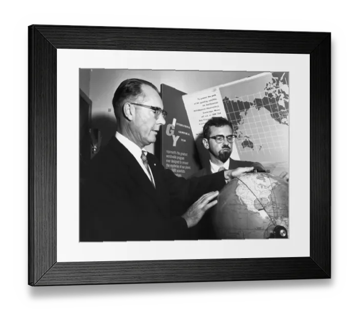 Framed Print : Drs. Whipple And Hynek Looking At Globe Framed Print : Drs. Whipple And Hynek Looking At Globe