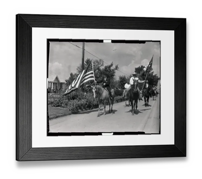 Framed Print : Orval Farbus Riding Horse in Street Framed Print : Orval Farbus Riding Horse in Street