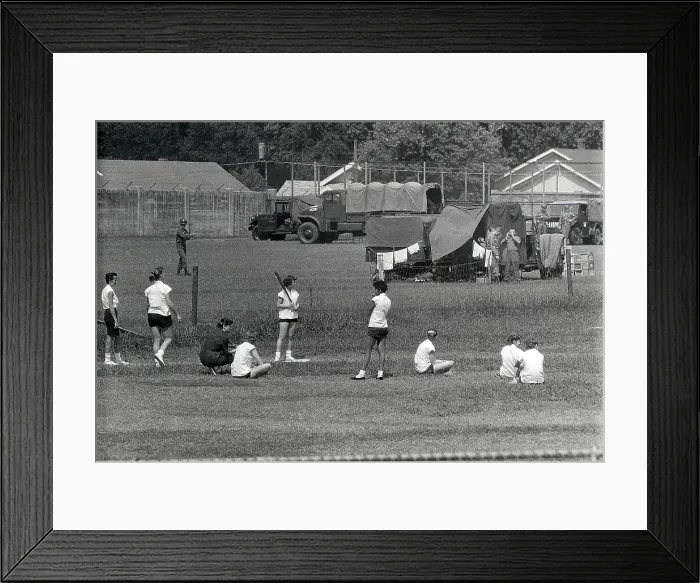Framed Print : Girls Playing Softball in Field Framed Print : Girls Playing Softball in Field