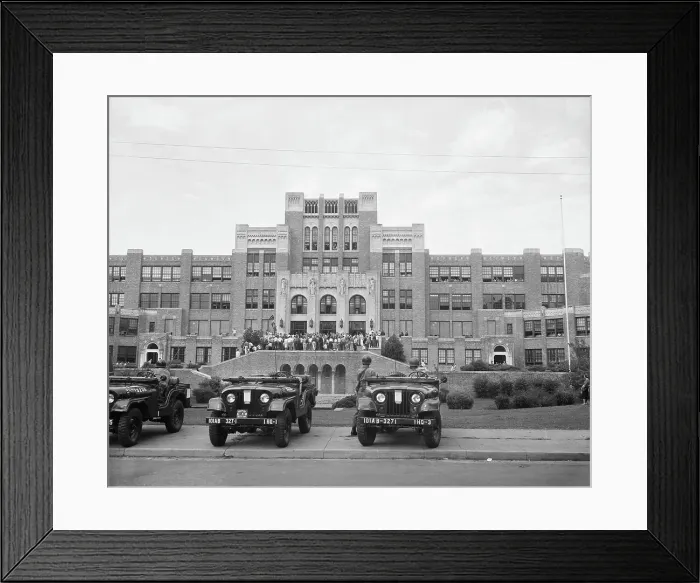 Framed Print : Military Jeeps Outside Desegregated Central High School Framed Print : Military Jeeps Outside Desegregated Central High School
