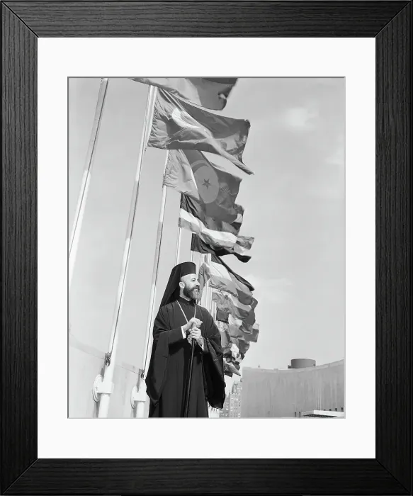 Framed Print : Archbishop Makarios Under UN Flags Framed Print : Archbishop Makarios Under UN Flags