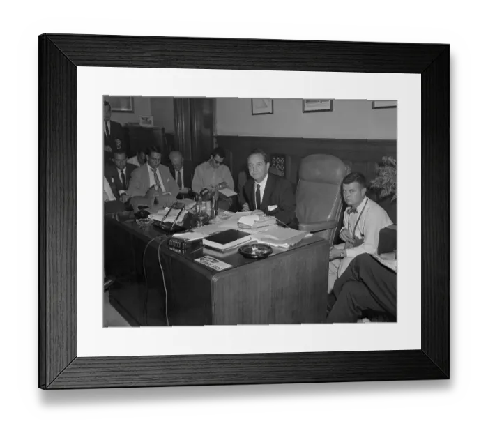 Framed Print : Governor Orval Faubus Sitting at Desk with Reporters Nearby Framed Print : Governor Orval Faubus Sitting at Desk with Reporters Nearby