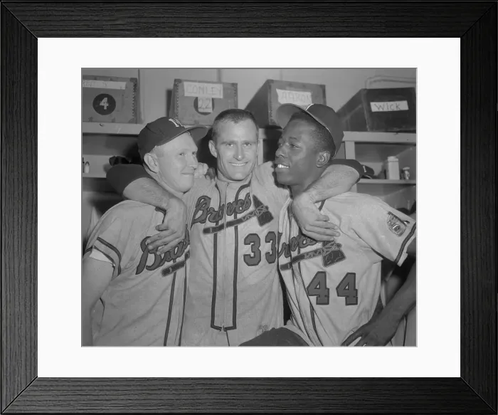 Framed Print : Hank Aaron with Two Teammates Framed Print : Hank Aaron with Two Teammates