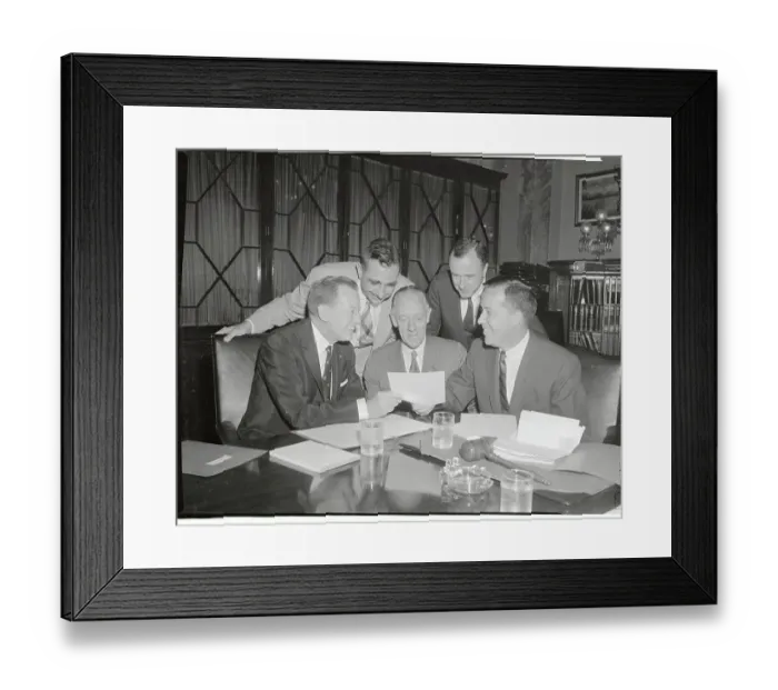 Framed Print : Edward Teller and Fellow Scientists Examining Document at Conference Table Framed Print : Edward Teller and Fellow Scientists Examining Document at Conference Table