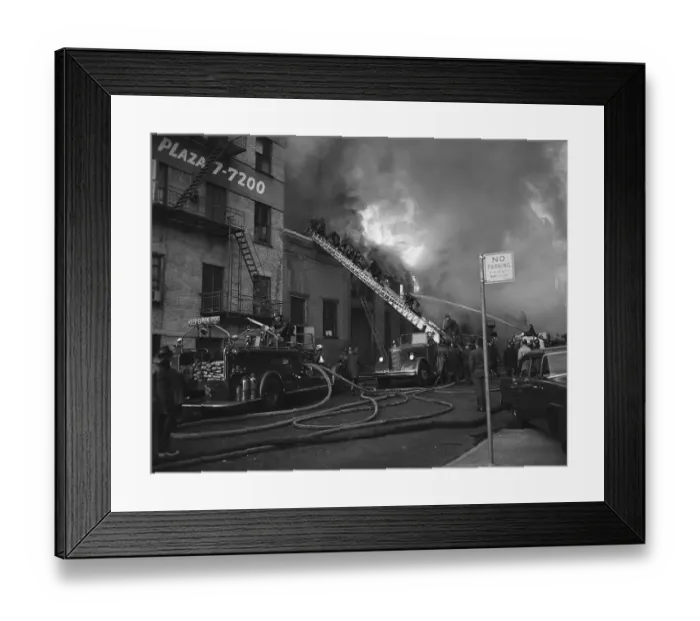 Framed Print : Firemen On Truck Ladder @ Burning Bldg Framed Print : Firemen On Truck Ladder @ Burning Bldg