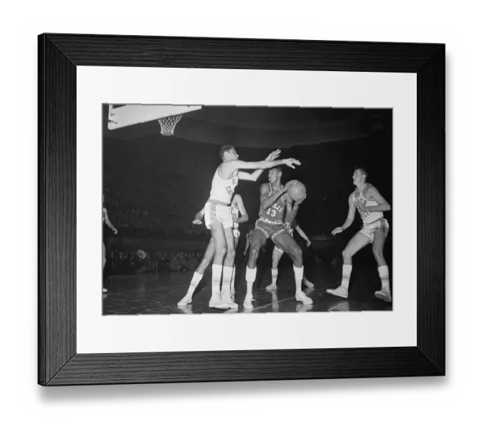 Framed Print : Lennie Rosenbluth Blocking Wilt Chamberlain on the Court Framed Print : Lennie Rosenbluth Blocking Wilt Chamberlain on the Court