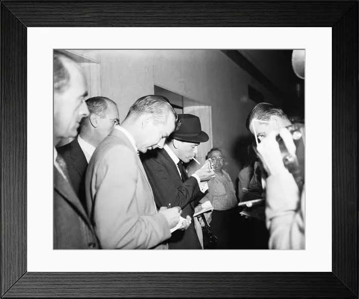 Framed Print : Frank Sinatra Lights Cigarette;Reporters Framed Print : Frank Sinatra Lights Cigarette;Reporters