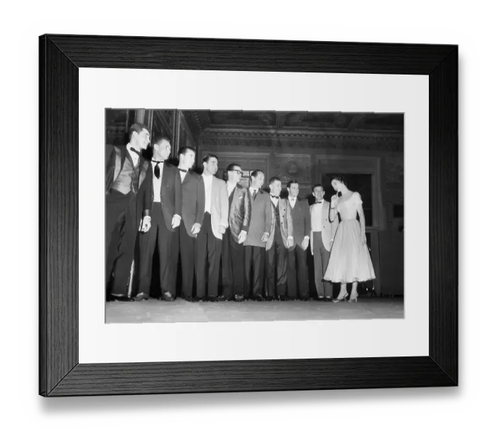 Framed Print : Woman Looking At Line Of Men Framed Print : Woman Looking At Line Of Men