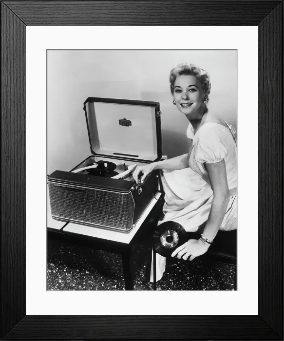 Framed Print : Woman with RCA Portable Victrola Record Player Framed Print : Woman with RCA Portable Victrola Record Player