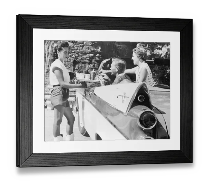 Framed Print : Waitress Serving Food at Drive In Restaurant Framed Print : Waitress Serving Food at Drive In Restaurant