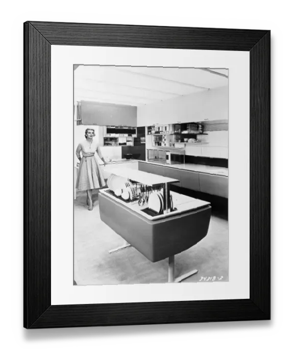 Framed Print : Woman Standing in Modernized Kitchen Framed Print : Woman Standing in Modernized Kitchen