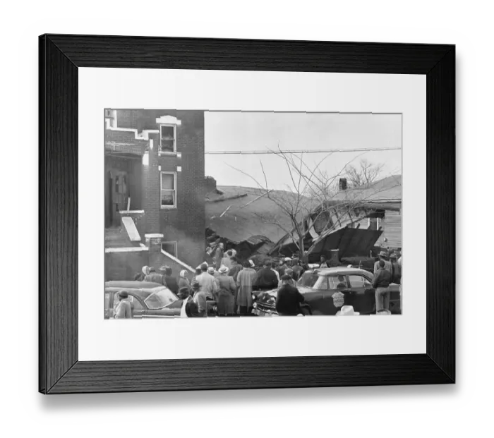 Framed Print : Crowd Surrounding Demolished Home Framed Print : Crowd Surrounding Demolished Home