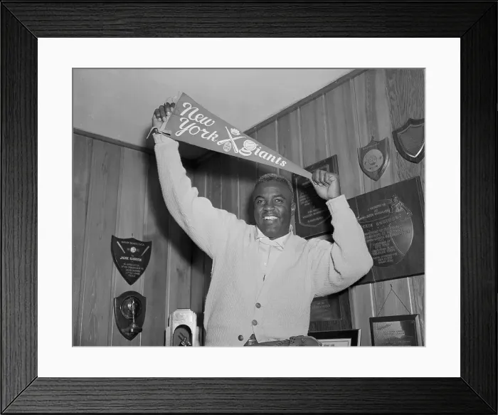 Framed Print : Jackie Robinson Waving NY Giants Banner Framed Print : Jackie Robinson Waving NY Giants Banner