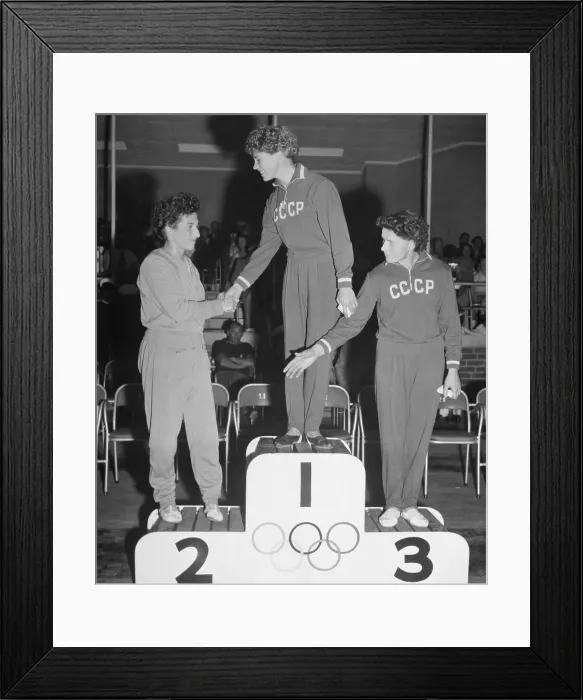Framed Print : Larisa Latynina congratulates Agnes Keleti and Sofi Mouratova