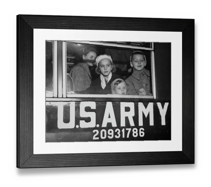 Framed Print : Bus Stop. Three Hungarian refugees look out the window of an army bus at Framed Print : Bus Stop. Three Hungarian refugees look out the window of an army bus at