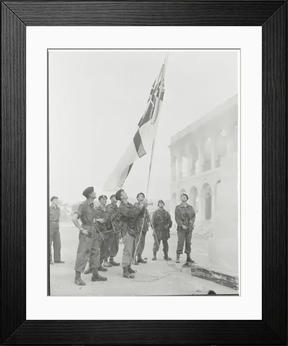 Framed Print : Navy Men with British Flag Framed Print : Navy Men with British Flag