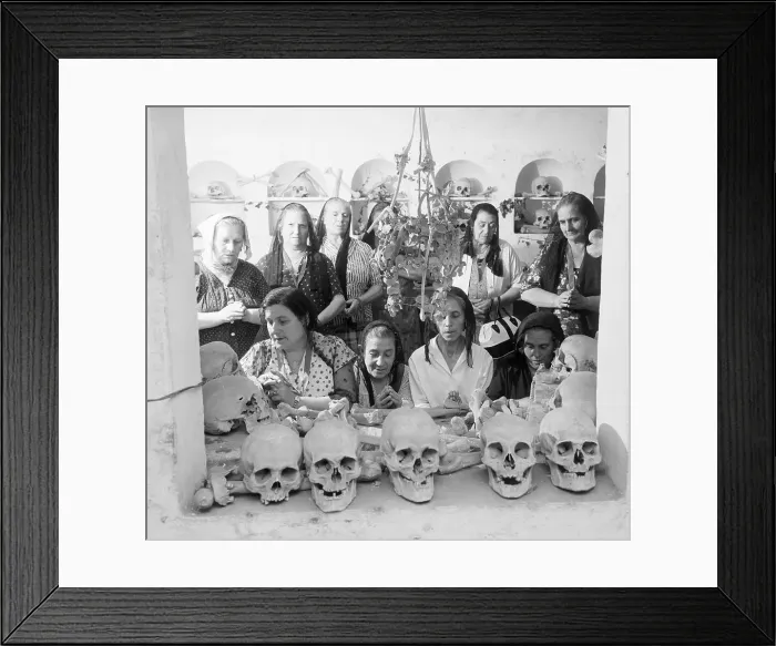 Framed Print : Women of Red Hoods Pray Before Skulls Framed Print : Women of Red Hoods Pray Before Skulls