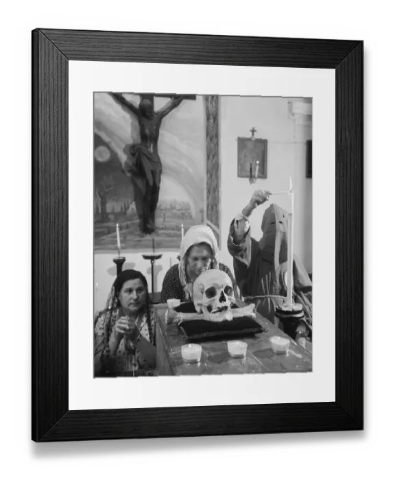 Framed Print : Women of Red Hoods Pray Before Skull Framed Print : Women of Red Hoods Pray Before Skull