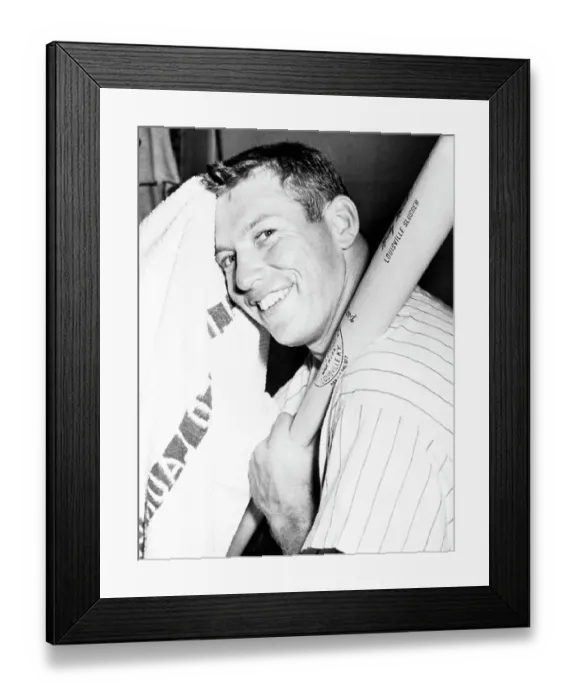 Framed Print : Mickey Mantle Holding Baseball Bat in Locker Room Framed Print : Mickey Mantle Holding Baseball Bat in Locker Room