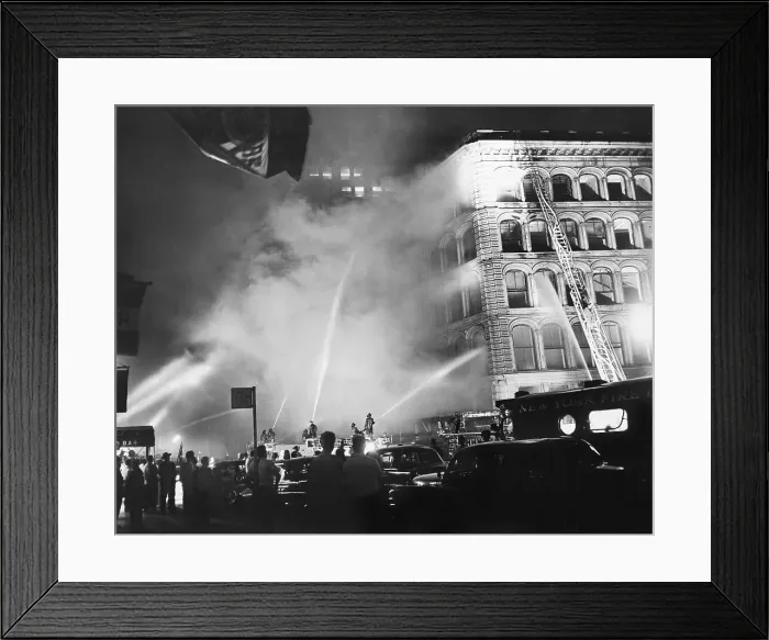 Framed Print : Firemen Attack Blaze with Hoses on Building Framed Print : Firemen Attack Blaze with Hoses on Building
