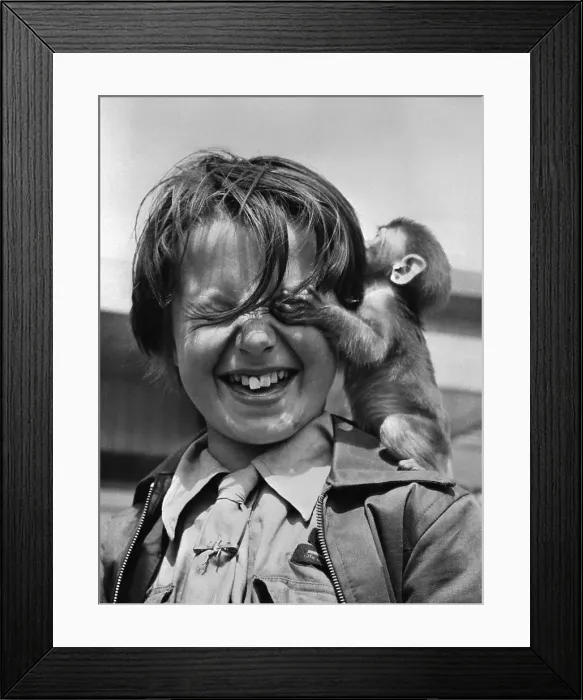Framed Print : Monkey Sitting on Girl's Shoulder