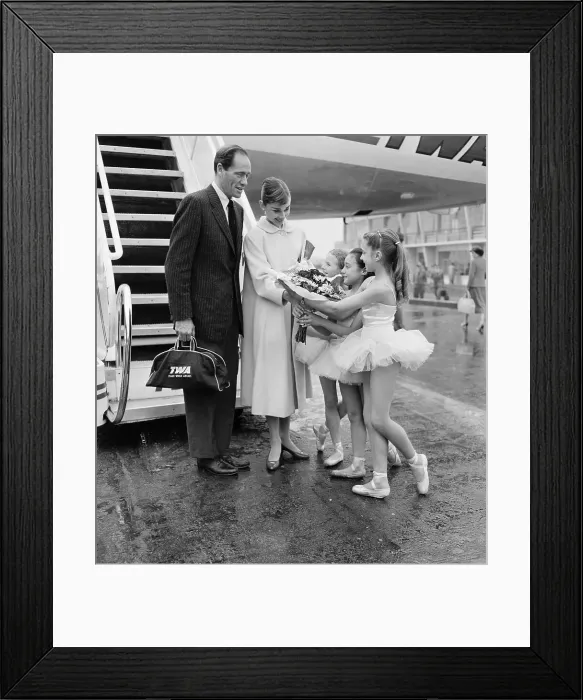 Framed Print : Mel Ferrer with Audrey Hepburn Receiving Bouquet of Flowers Framed Print : Mel Ferrer with Audrey Hepburn Receiving Bouquet of Flowers