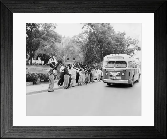 Framed Print : African American Students Wave at Empty Bus During Boycott Framed Print : African American Students Wave at Empty Bus During Boycott