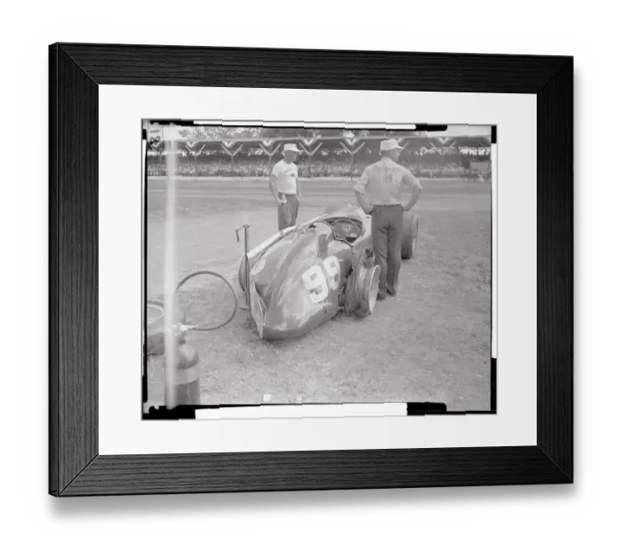 Framed Print : Men Gazing at Wrecked Race Car Framed Print : Men Gazing at Wrecked Race Car