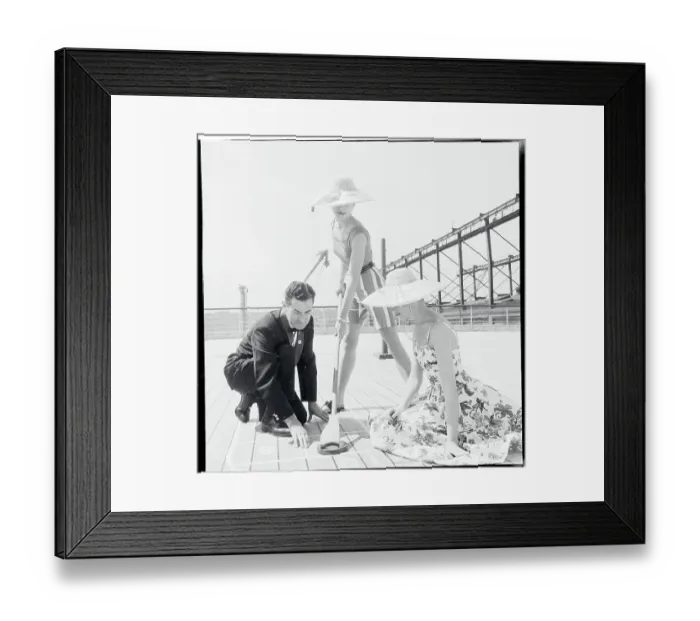 Framed Print : Women Playing Shuffleboard in Fashionable Straw Hats Framed Print : Women Playing Shuffleboard in Fashionable Straw Hats