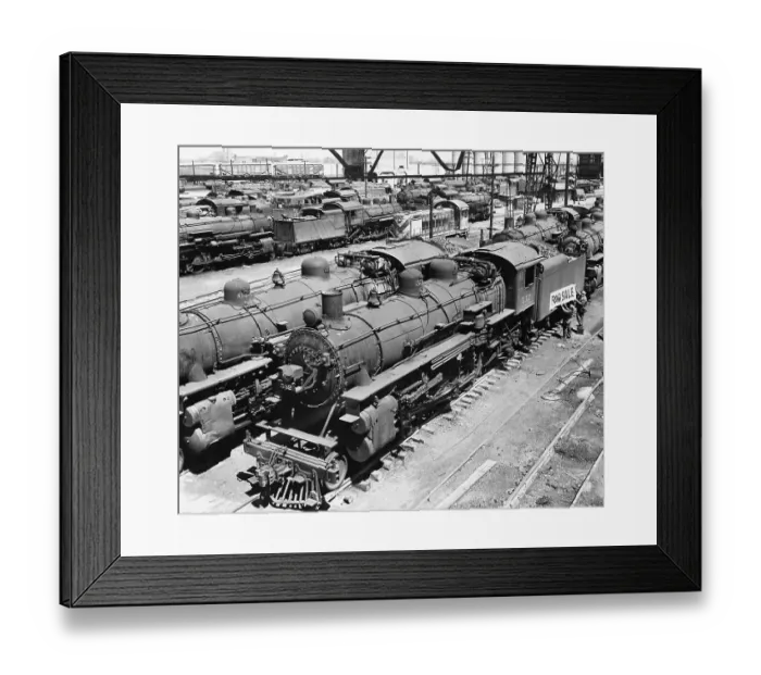 Framed Print : Men Hanging a For Sale Sign on a Locomotive
