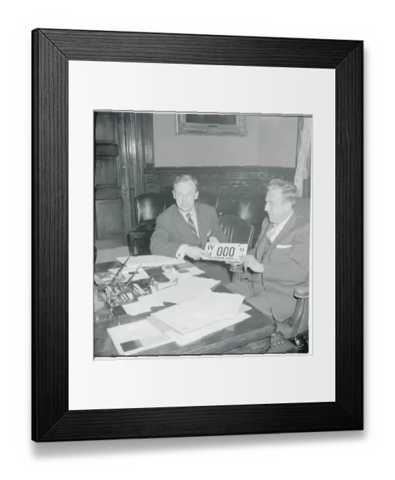 Framed Print : Governor Robert B. Meyner and Frederick J. Gassert Jr. Showing New Jersey's New License Plates Framed Print : Governor Robert B. Meyner and Frederick J. Gassert Jr. Showing New Jersey's New License Plates