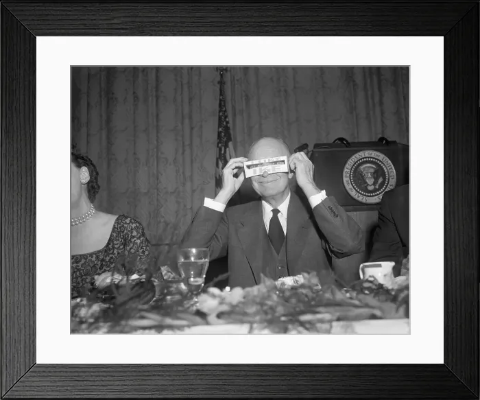 Framed Print : President Eisenhower Looking Through a Pair of Blinker Glasses Framed Print : President Eisenhower Looking Through a Pair of Blinker Glasses