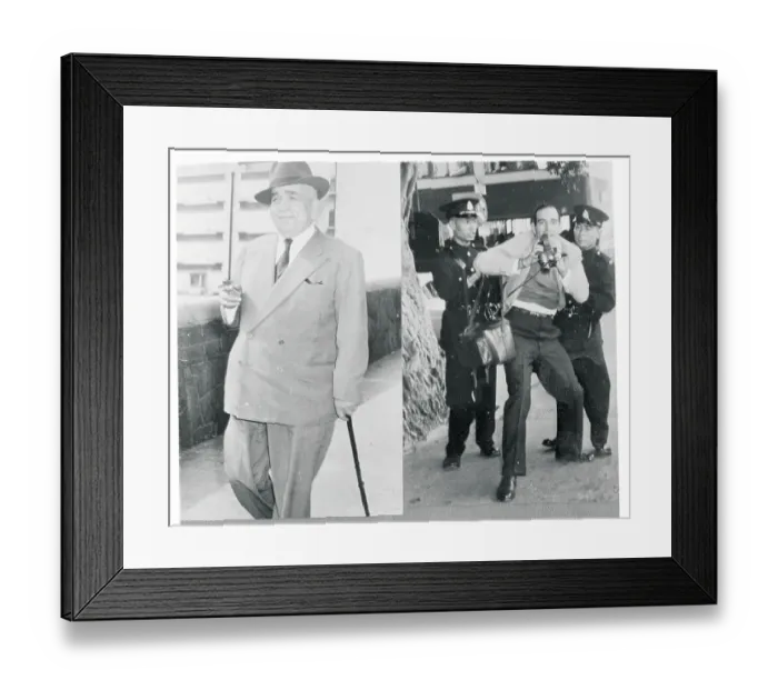 Framed Print : Morris Cohen Posing With Cane and Cameraman Confronting Policemen Framed Print : Morris Cohen Posing With Cane and Cameraman Confronting Policemen