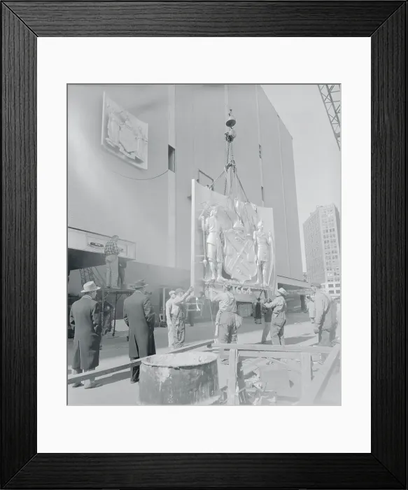 Framed Print : Seal of the City of New York Being Hoisted Onto the New York Coliseum Framed Print : Seal of the City of New York Being Hoisted Onto the New York Coliseum