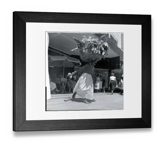 Framed Print : Woman Carrying Fruit, Flowers On Head / Hat Framed Print : Woman Carrying Fruit, Flowers On Head / Hat