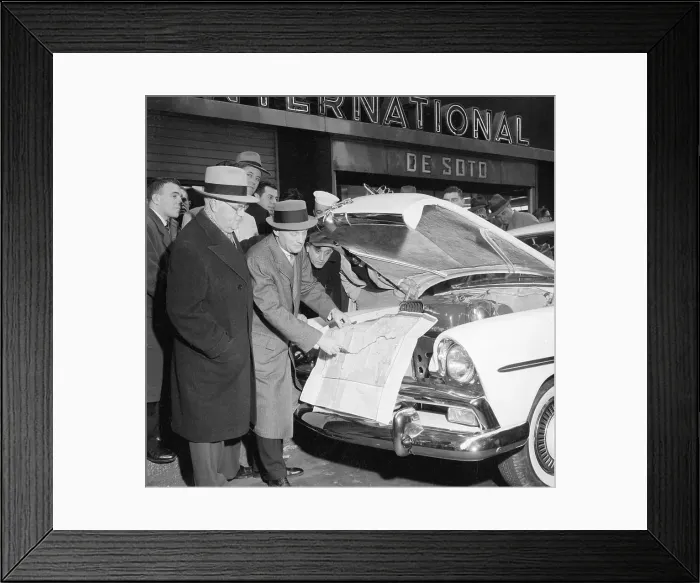 Framed Print : Chrysler Pioneer Executives Reading Map Before Testing Automobile Framed Print : Chrysler Pioneer Executives Reading Map Before Testing Automobile