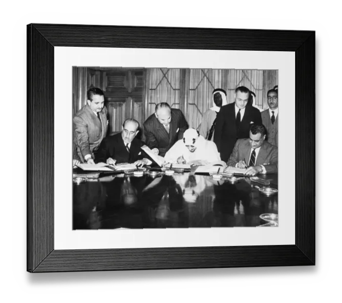 Framed Print : King Saud, Abdel Nasser and Shukri al-Kuwatli Signing Paper Framed Print : King Saud, Abdel Nasser and Shukri al-Kuwatli Signing Paper