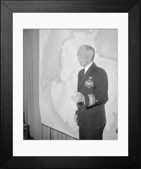 Framed Print : Richard E. Byrd in Front of Map Framed Print : Richard E. Byrd in Front of Map