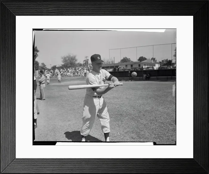 Framed Print : Mickey Mantle Swinging at Baseball in Training Camp Framed Print : Mickey Mantle Swinging at Baseball in Training Camp