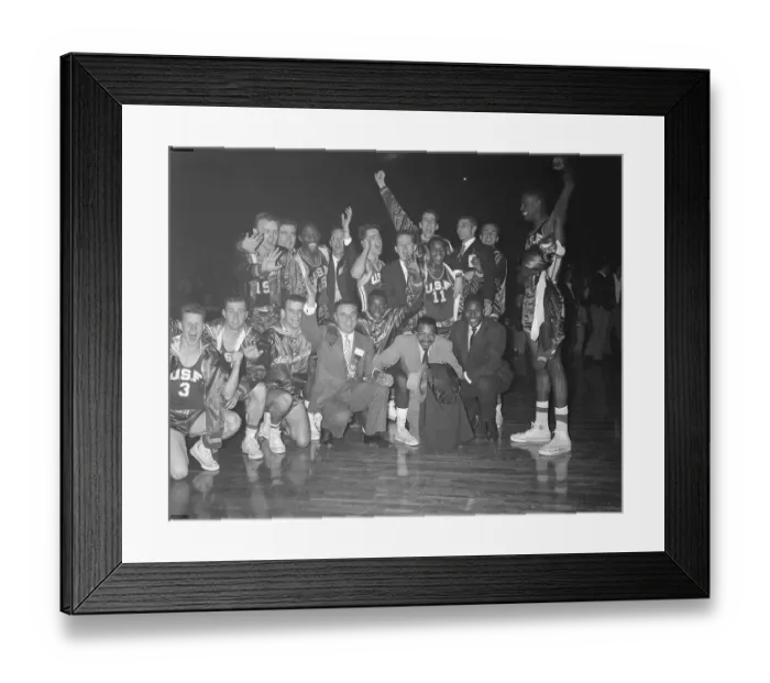 Framed Print : Mayor and Basketball Players Posing on Floor Framed Print : Mayor and Basketball Players Posing on Floor