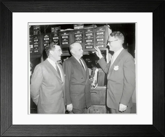 Framed Print : G. Keith Funston Pointing to a Stock Listing