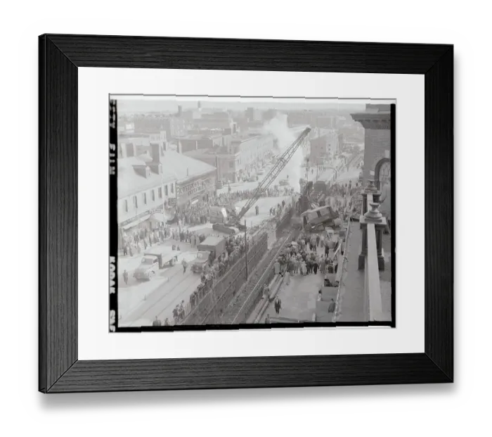 Framed Print : Spectators Watching a Crane Trying to Right a Fallen Crane Framed Print : Spectators Watching a Crane Trying to Right a Fallen Crane