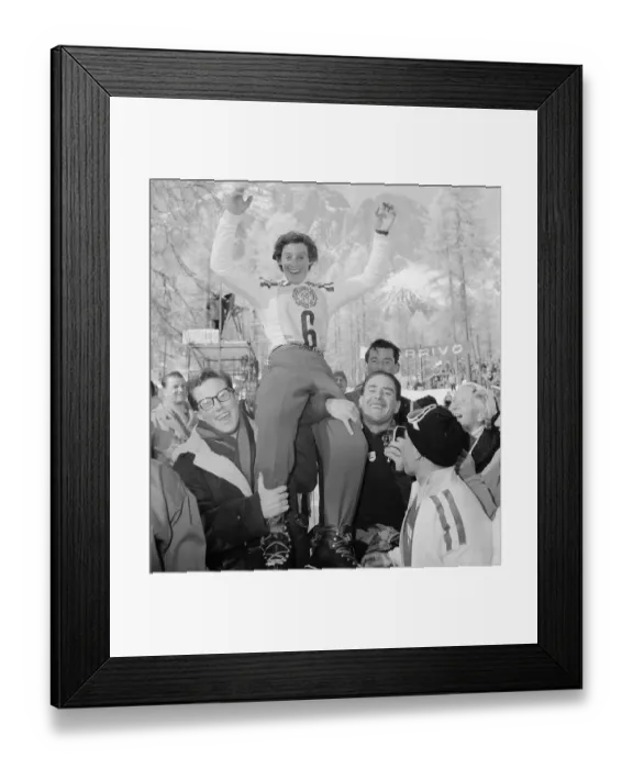 Framed Print : Fans Carrying Madeleine Berthod on Their Shoulders Framed Print : Fans Carrying Madeleine Berthod on Their Shoulders