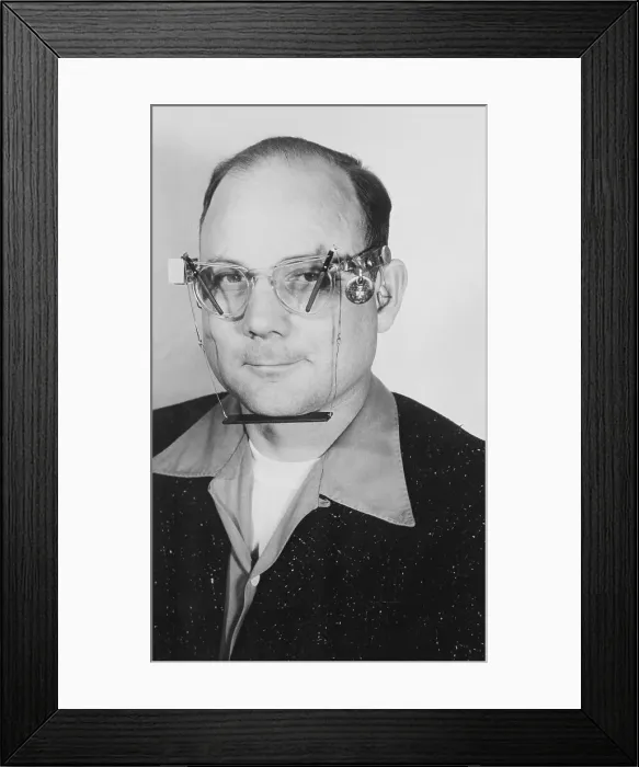 Framed Print : Inventor C.M. Copeland Wearing Eyeglasses with Wipers Framed Print : Inventor C.M. Copeland Wearing Eyeglasses with Wipers